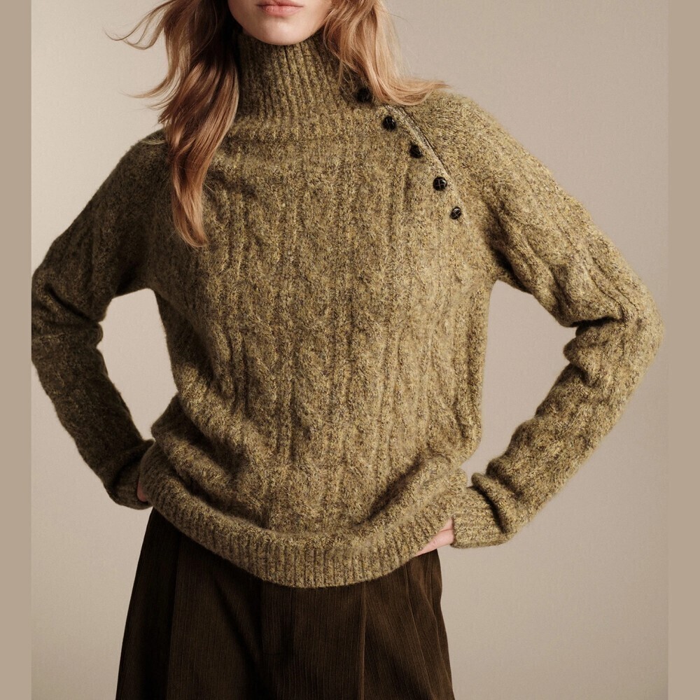 Olive Green Cable Knit Button Shoulder Turtleneck Sweater